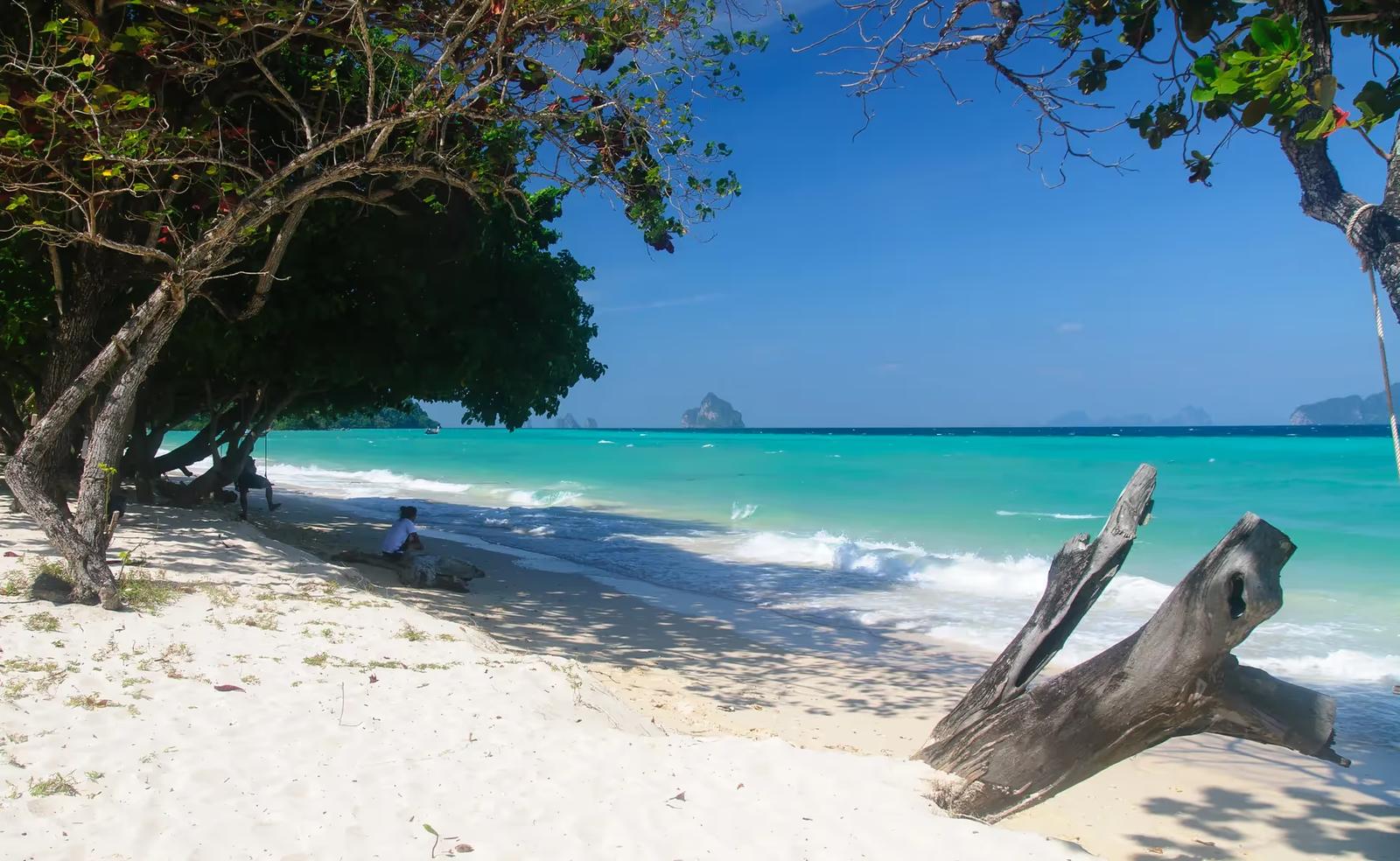 Plage de sable blanc à Koh Kradan avec des eaux turquoise, des arbres ombragés et des formations rocheuses à l'horizon.