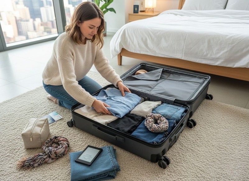 Femme préparant sa valise Horizn sur un tapis clair, entourée de vêtements et d’accessoires de voyage.