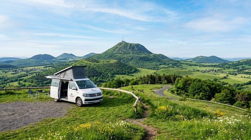 Van aménagé stationné face au Puy de Dôme dans les volcans d
