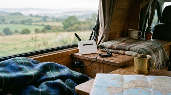 Petit routeur 4G blanc posé près de la fenêtre d'un van aménagé, branché sur une prise 12 V, avec un plaid, une tasse et une carte routière face à un paysage de campagne.