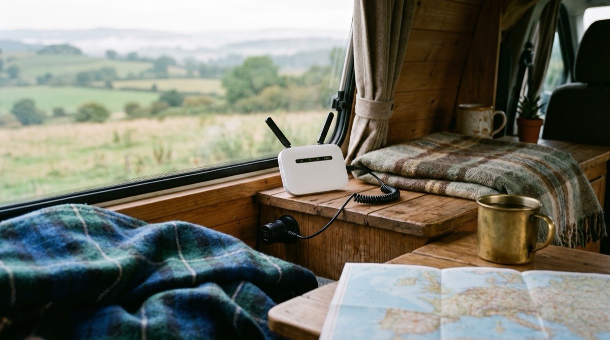 Petit routeur 4G blanc posé près de la fenêtre d'un van aménagé, branché sur une prise 12 V, avec un plaid, une tasse et une carte routière face à un paysage de campagne.