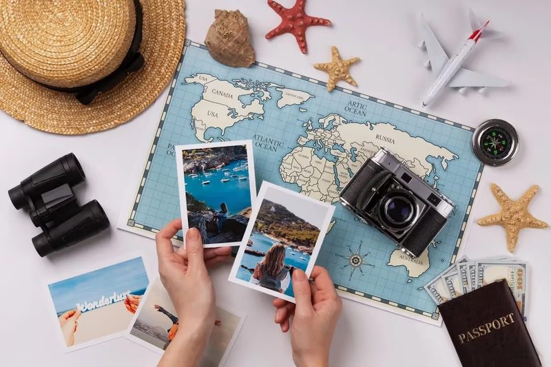 Flatlay de voyage avec carte du monde, photos imprimées, appareil photo vintage, passeport, billets, jouets en forme d’étoiles de mer, chapeau et jumelles.