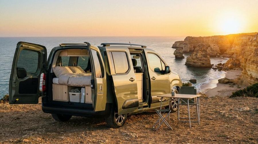 Citroën Berlingo aménagé portes ouvertes avec lit, rangements et coin cuisine face à la mer au coucher du soleil
