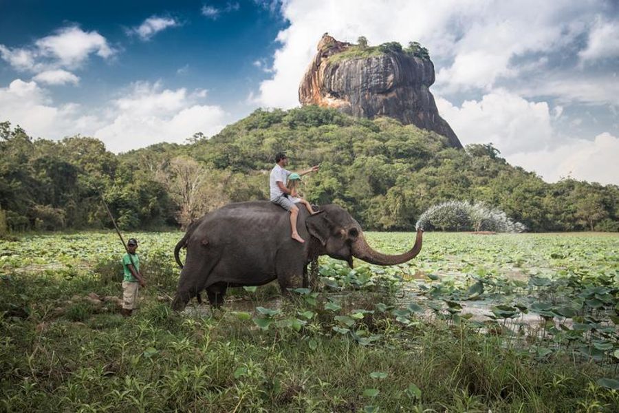 Homme et enfant sur un éléphant près d’un lac à Sigiriya, avec le Rocher du Lion en arrière-plan.
