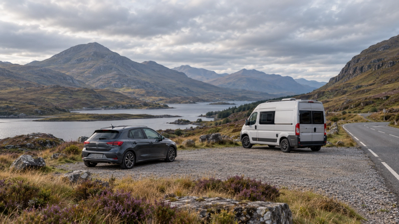 Illustration d’une voiture et d’un van près d’un loch dans les Highlands