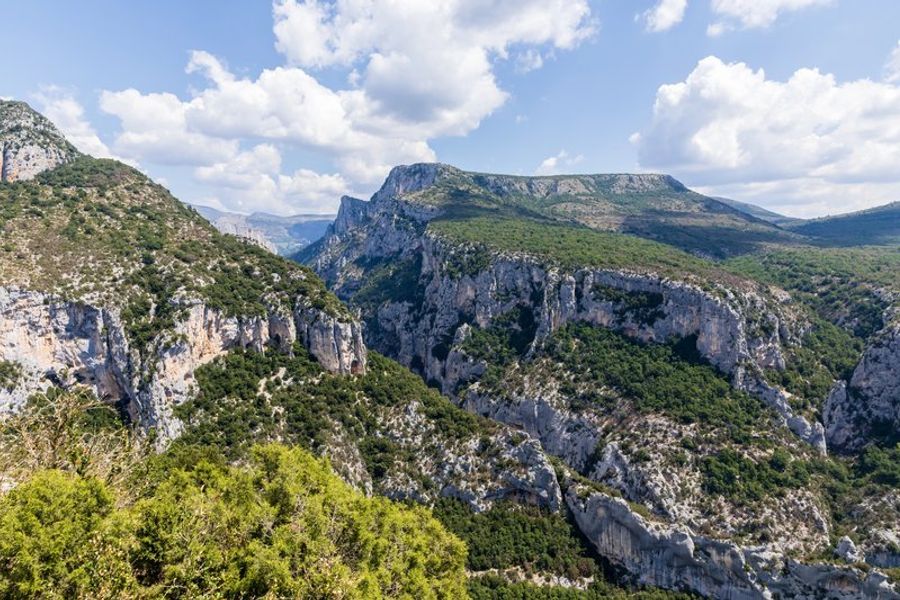 Vue spectaculaire des Monts de Vaucluse avec des formations rocheuses et des forêts luxuriantes.