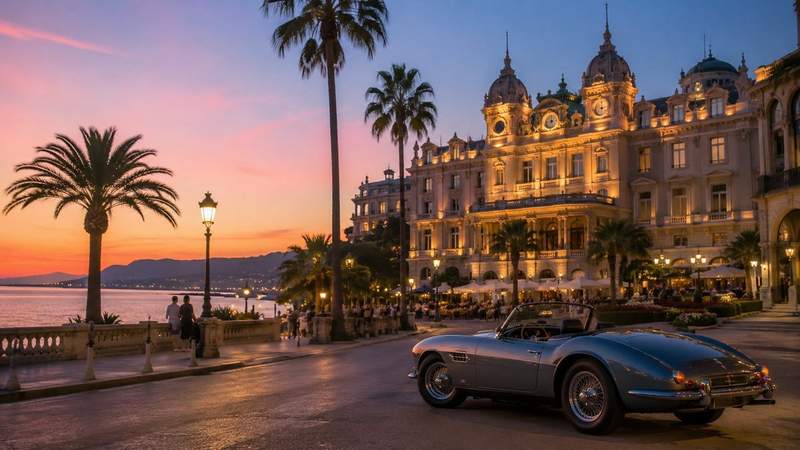 Voiture de sport classique devant un casino illuminé en bord de mer au coucher du soleil, ambiance luxe Côte d'Azur