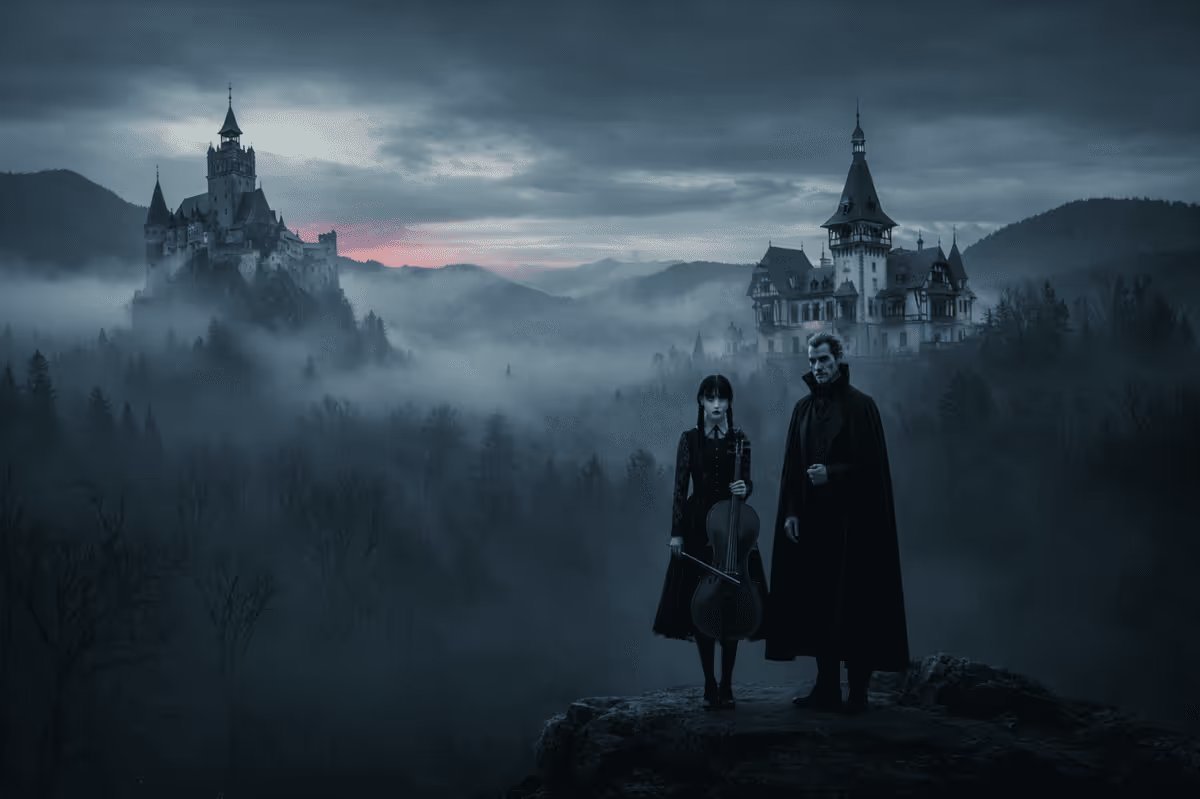 Château médiéval de Transylvanie dans les Carpates au coucher du soleil : décor gothique de l'itinéraire sur les traces de la série Mercredi et Dracula.