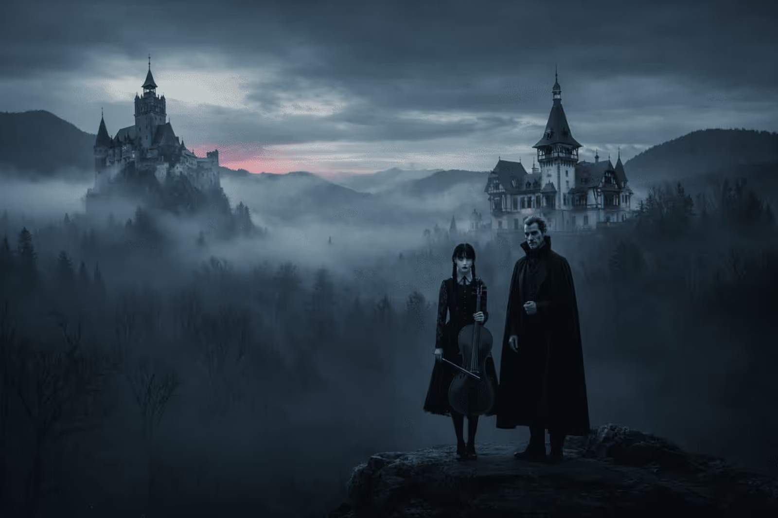 Château médiéval de Transylvanie dans les Carpates au coucher du soleil : décor gothique de l'itinéraire sur les traces de la série Mercredi et Dracula.