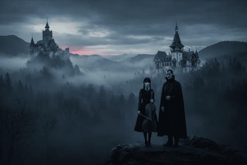Château médiéval de Transylvanie dans les Carpates au coucher du soleil : décor gothique de l'itinéraire sur les traces de la série Mercredi et Dracula.