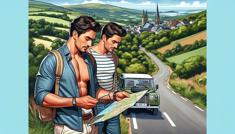 Deux voyageurs consultant une carte au bord d’une route sinueuse avec un 4x4 garé, dans un paysage champêtre avec un village en arrière-plan