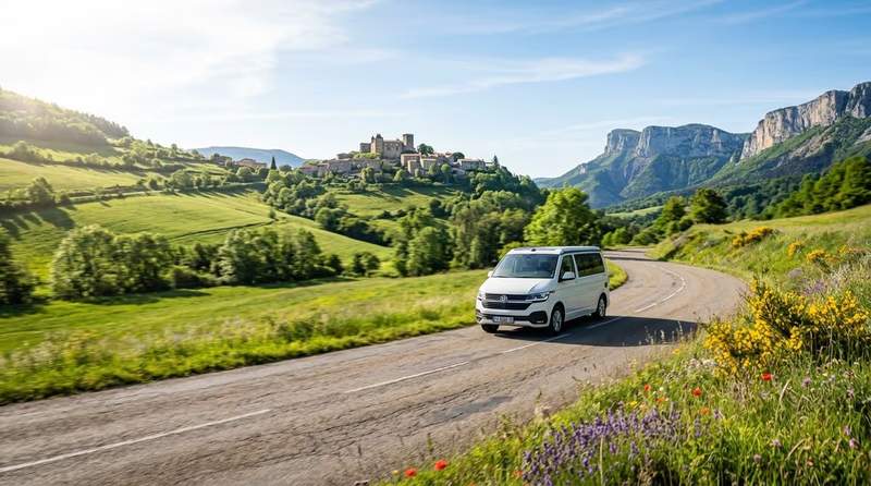 Van aménagé sur une route de campagne au printemps en France, avec un village perché et des falaises en arrière-plan – road trip 4 jours