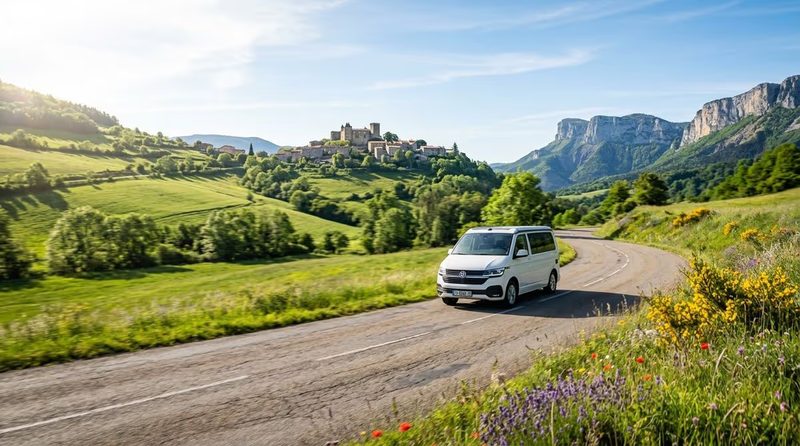 Van aménagé sur une route de campagne au printemps en France, avec un village perché et des falaises en arrière-plan – road trip 4 jours