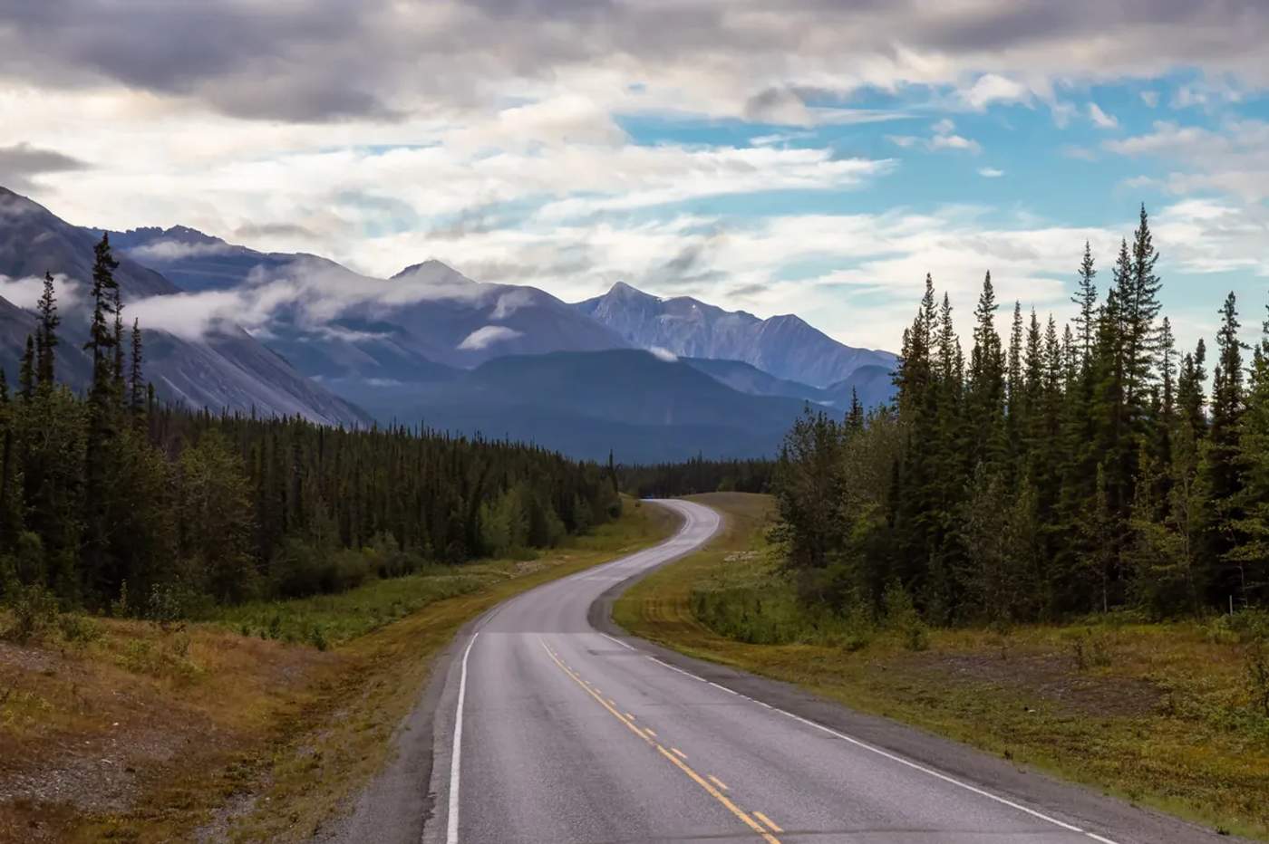 Route traversant les montagnes sauvages du Canada au milieu des forêts de conifères pendant un road trip.