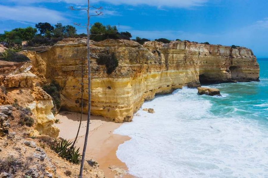 Vue des falaises de Praia da Marinha, Algarve, Portugal, avec une plage de sable et des eaux turquoise.