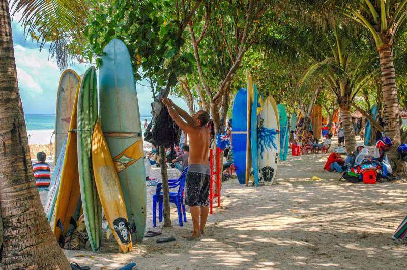 Des planches de surf alignées sur une plage de Canggu, entourées de palmiers et de surfeurs préparant leurs équipements.