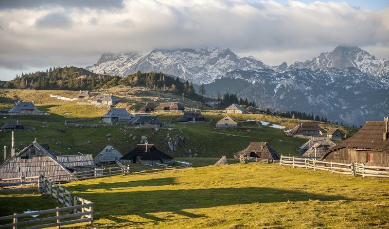 Chalets traditionnels de Velika Planina en Slovénie face aux sommets enneigés des Alpes slovènes.