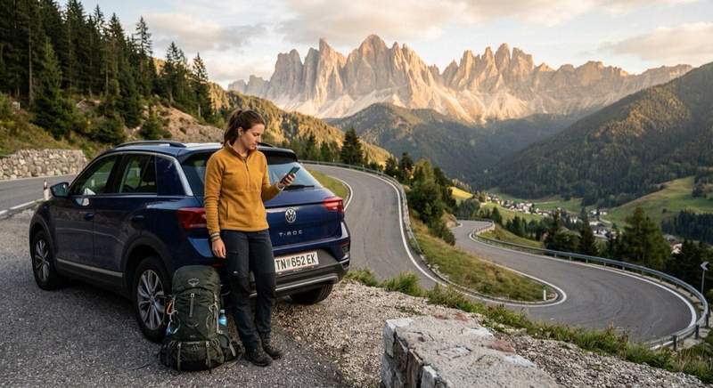 Voyageur consultant une application de navigation sur smartphone au bord d'une route de montagne pendant un road trip en Europe