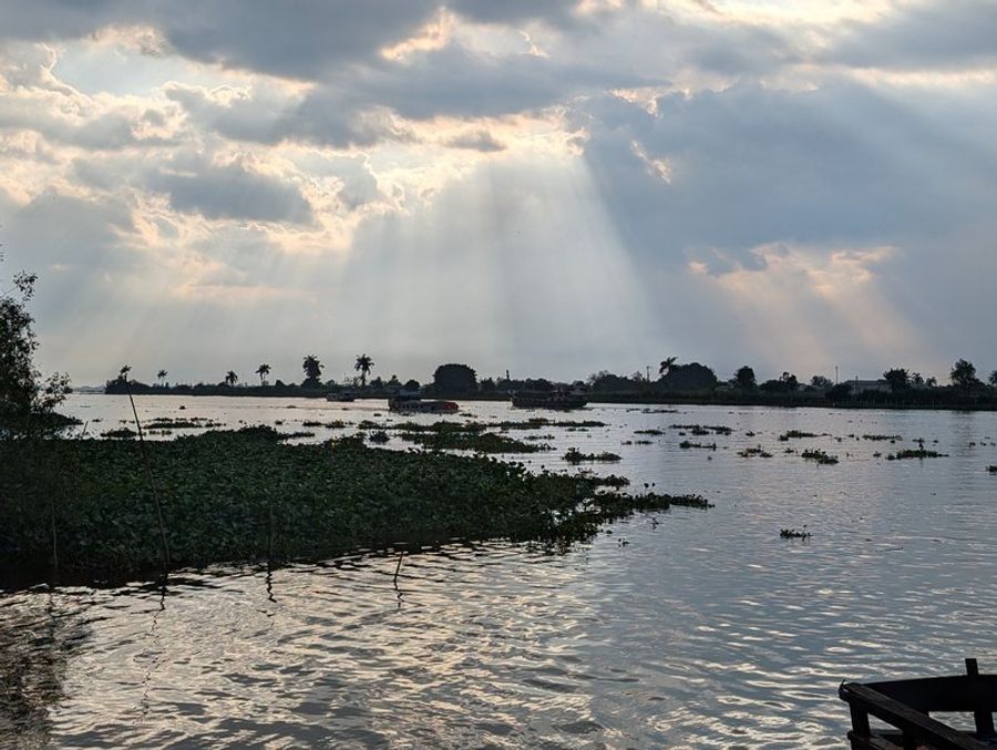 Lumière du soir sur le Mékong à Vinh Long, avec végétation flottante et ciel nuageux