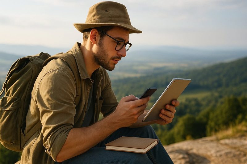 Voyageur en pleine nature utilisant une tablette et un smartphone, symbole du mode de vie connecté des digital nomads en quête d'aventure et de liberté.