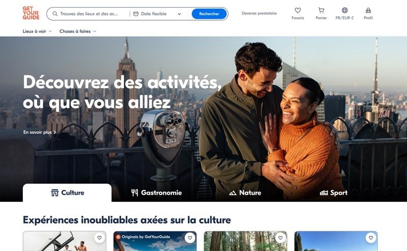 Page d’accueil de GetYourGuide présentant des activités touristiques à réserver.