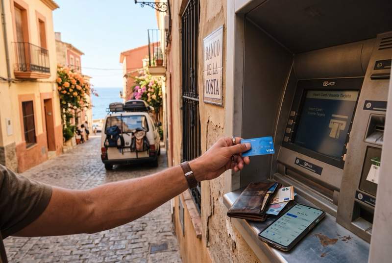 Main insérant une carte bancaire dans un distributeur automatique en extérieur dans une rue européenne ensoleillée, avec un van de road trip garé en arrière-plan.