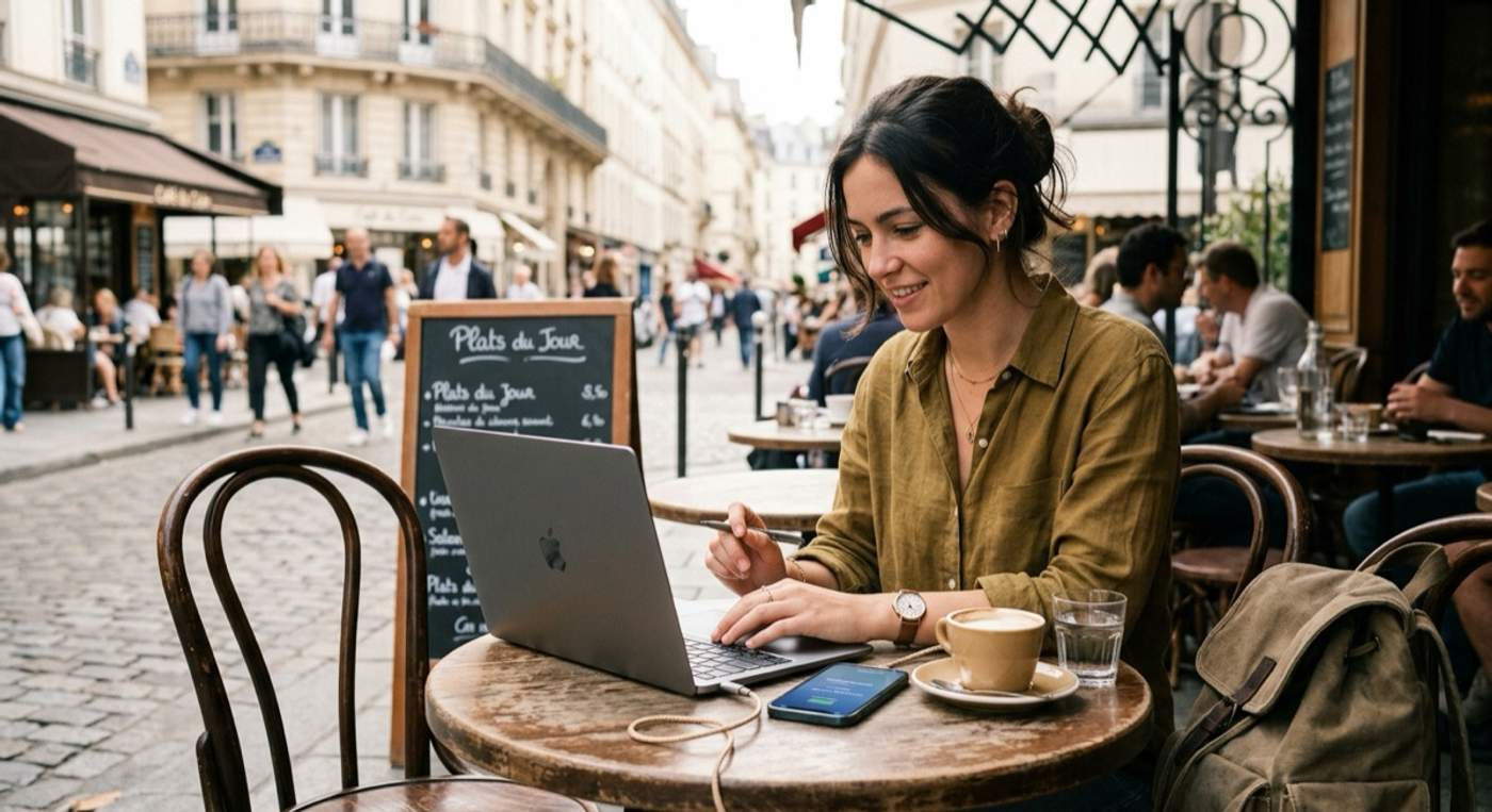 Voyageuse travaillant sur son ordinateur portable depuis une terrasse de café parisienne, smartphone posé sur la table comme point d'accès mobile
