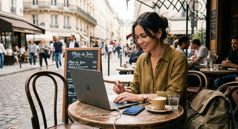Voyageuse travaillant sur son ordinateur portable depuis une terrasse de café parisienne, smartphone posé sur la table comme point d'accès mobile