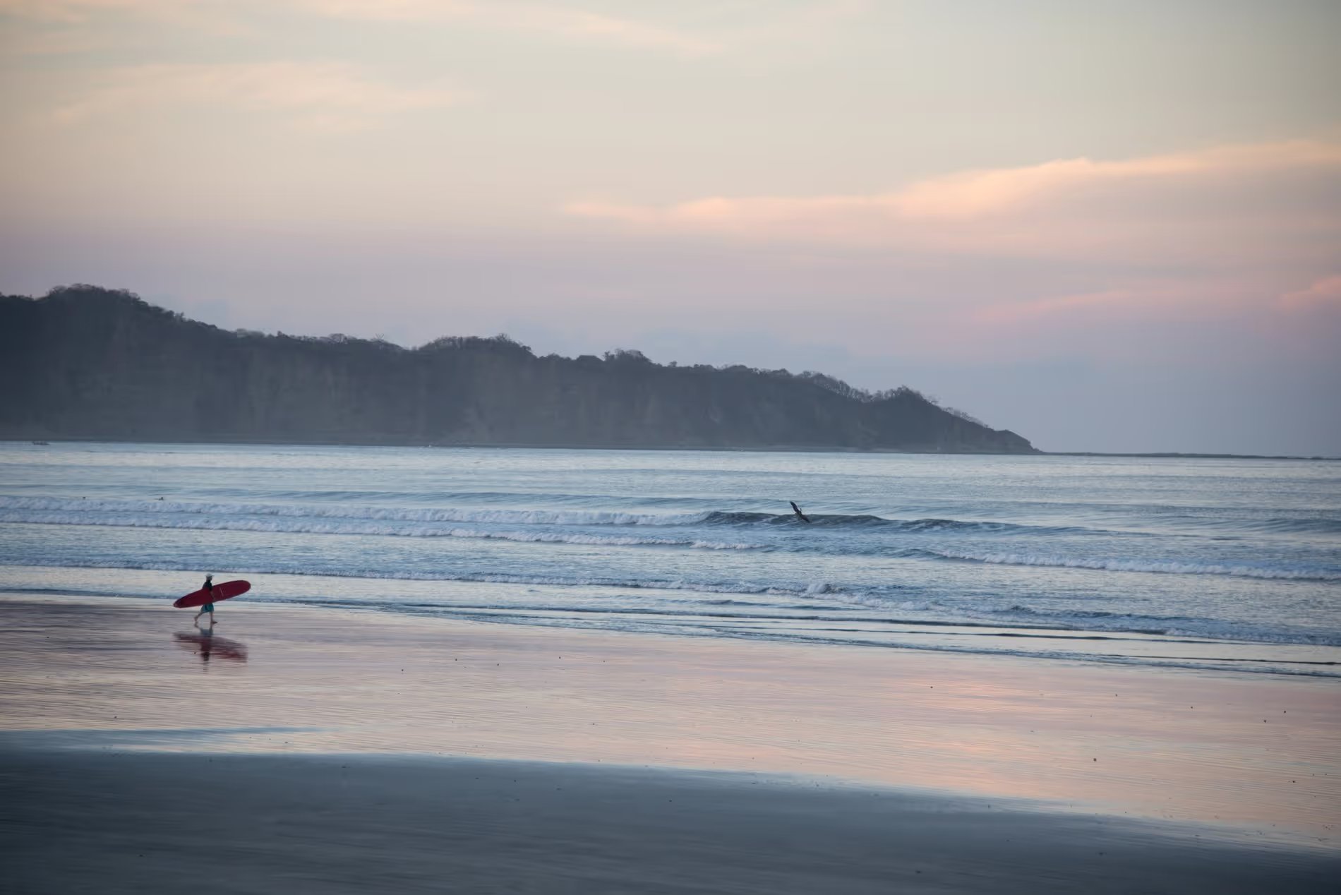 Un surfeur marchant avec sa planche le long d'une plage calme, avec des vagues douces et des collines en arrière-plan, au coucher du soleil.