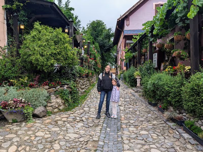 Ruelle pavée fleurie à Sighișoara sous la pluie