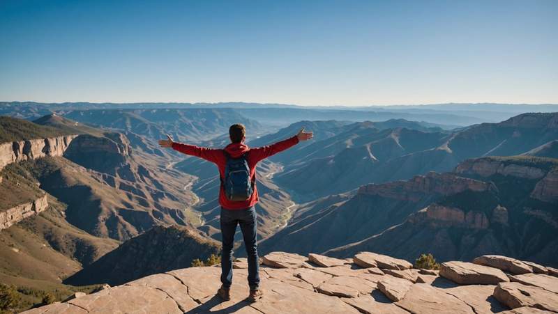 Homme en randonnée face à un vaste canyon, bras écartés sous un ciel dégagé