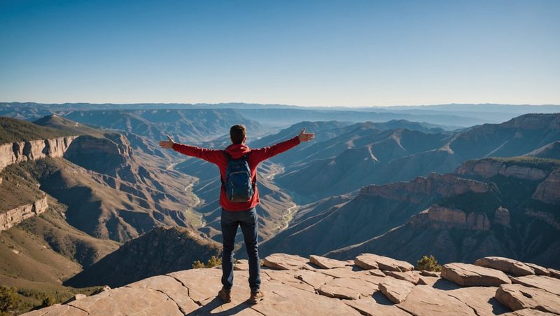 Homme en randonnée face à un vaste canyon, bras écartés sous un ciel dégagé