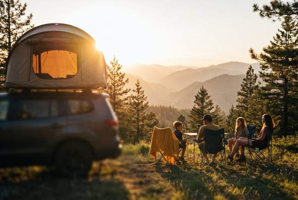 Tente de toit ouverte au coucher du soleil sur un véhicule garé en pleine montagne, avec une famille installant son campement pour un road trip en famille.