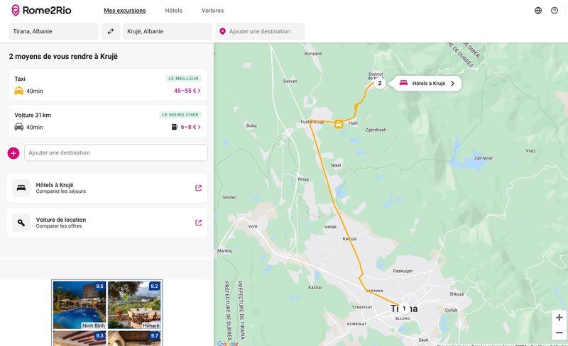Carte indiquant l’itinéraire entre Tirana et Krujë en Albanie, avec options de transport en taxi ou voiture.