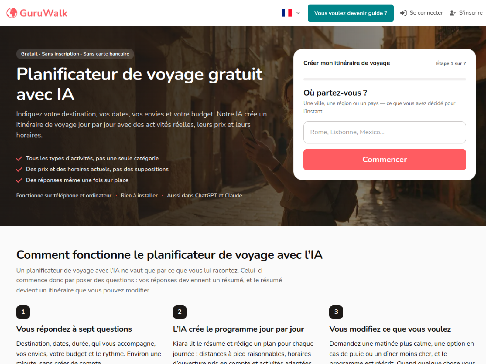 Interface du planificateur de voyage IA GuruWalk