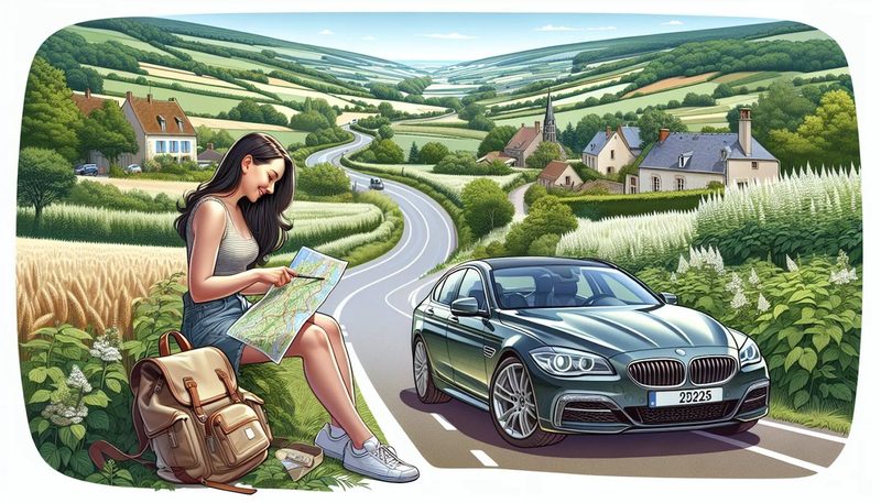 Jeune femme consultant une carte sur le bord d’une route sinueuse avec une voiture garée, dans un paysage champêtre