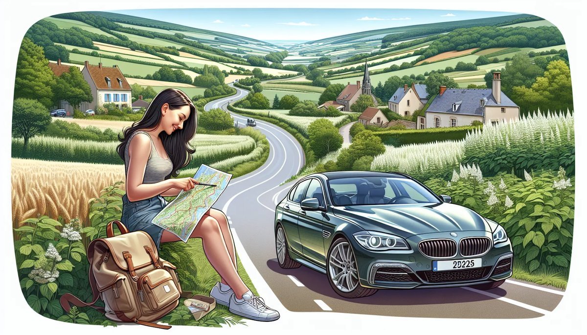 Jeune femme consultant une carte sur le bord d’une route sinueuse avec une voiture garée, dans un paysage champêtre