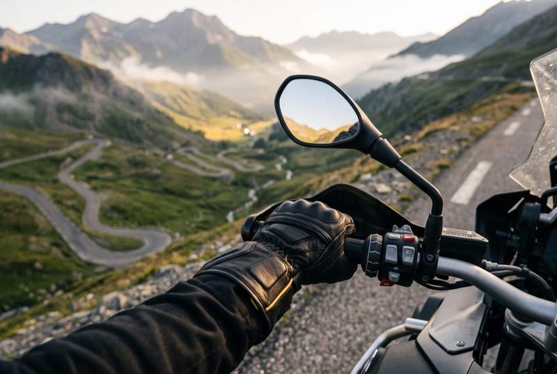 Main gantée de moto agrippant le guidon d'une moto d'aventure au sommet d'un col de montagne au lever du soleil, avant de redescendre une route en lacets pour un roadtrip moto.
