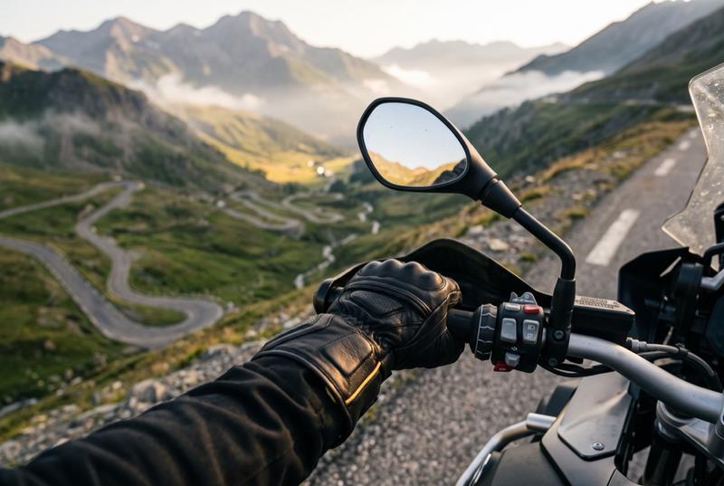Main gantée de moto agrippant le guidon d'une moto d'aventure au sommet d'un col de montagne au lever du soleil, avant de redescendre une route en lacets pour un roadtrip moto.