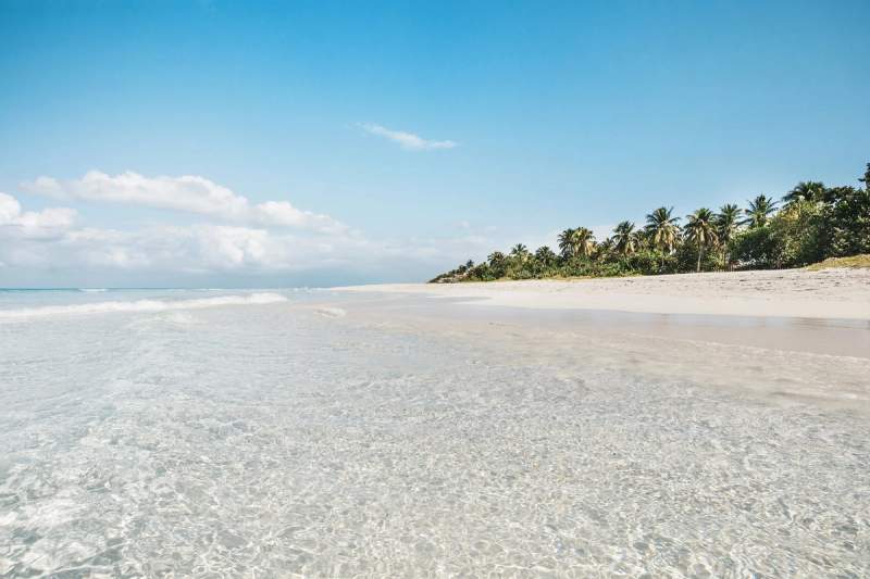 Plage paradisiaque à Cuba avec sable blanc, eau turquoise cristalline et palmiers sous un ciel ensoleillé.