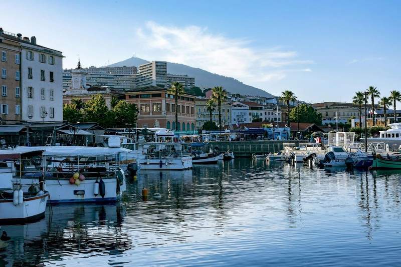 Vue du port d’Ajaccio en Corse avec bateaux, palmiers et montagnes en arrière-plan, idéale pour des vacances de dernière minute en bord de mer.