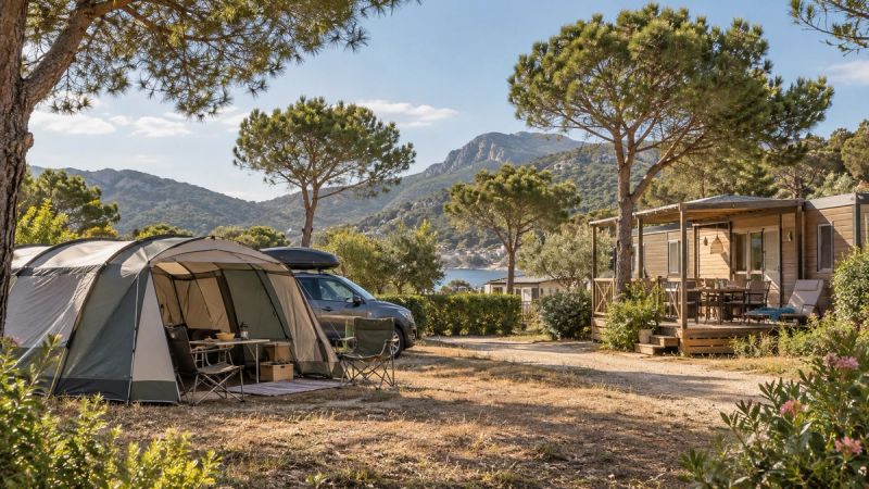 Tente et mobil-home dans un camping méditerranéen en Espagne, avec des collines et des pins en arrière-plan.