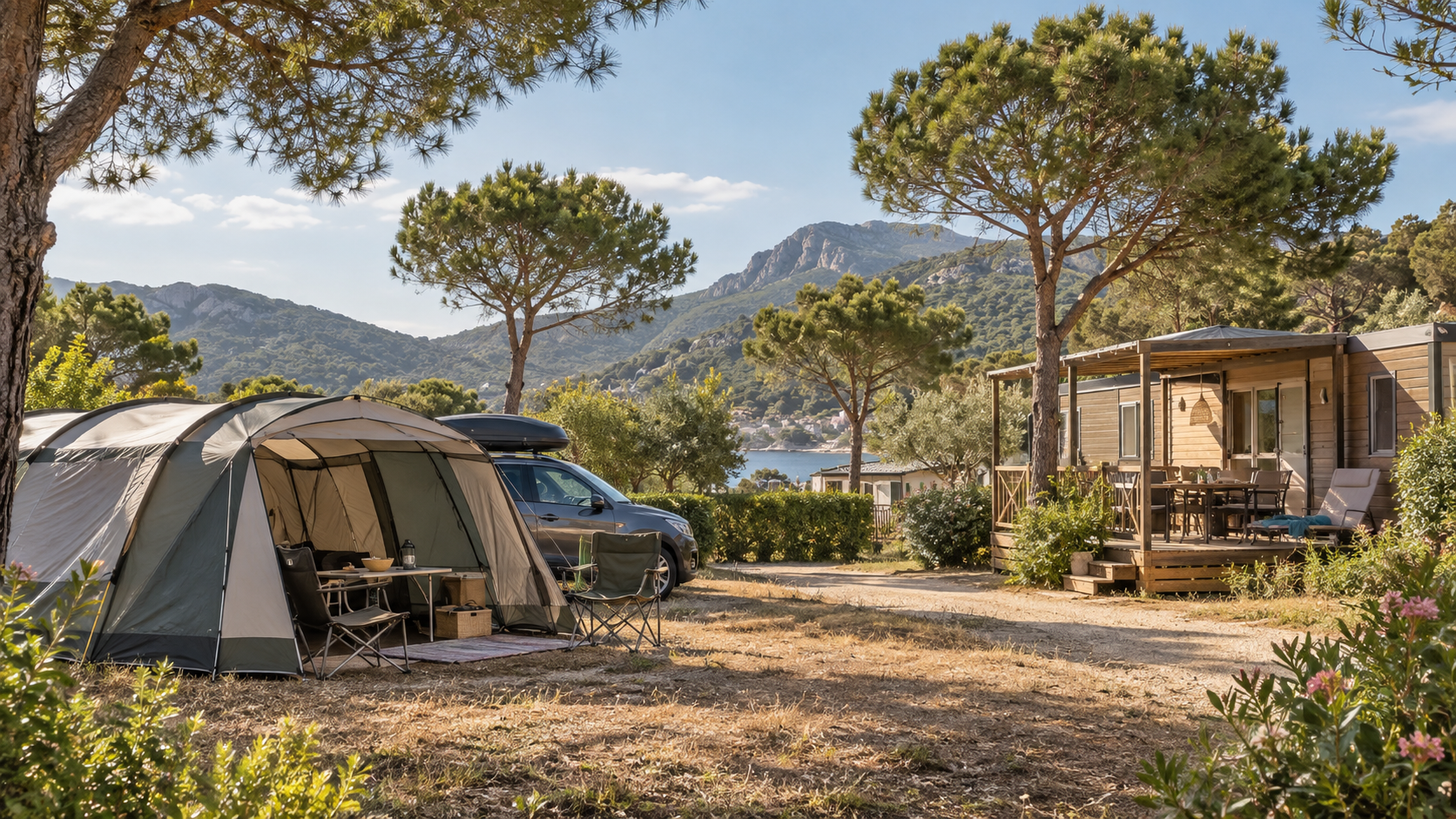 Tente et mobil-home dans un camping méditerranéen en Espagne, avec des collines et des pins en arrière-plan.