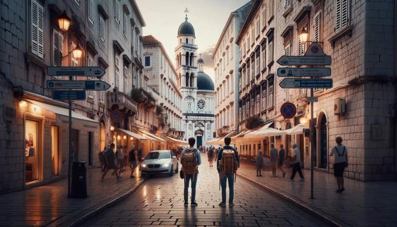 Une illustration de deux voyageurs en sac à dos en Croatie