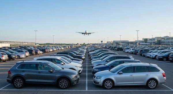 Parking extérieur d'aéroport avec voitures garées et avion en approche