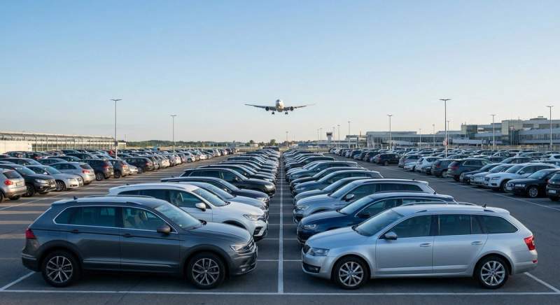 Parking extérieur d'aéroport avec voitures garées et avion en approche