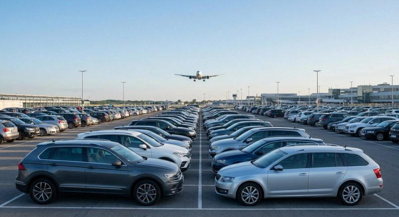 Parking extérieur d'aéroport avec voitures garées et avion en approche