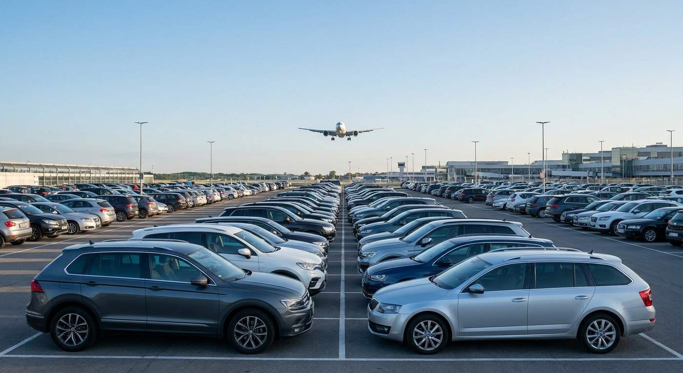 Parking extérieur d'aéroport avec voitures garées et avion en approche