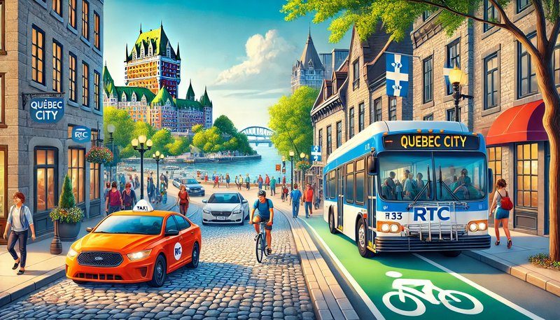 Illustration réaliste des options de transport à Québec, avec un bus RTC, un cycliste sur une piste, des taxis, et des passants dans une rue bordée de bâtiments historiques et du fleuve Saint-Laurent.