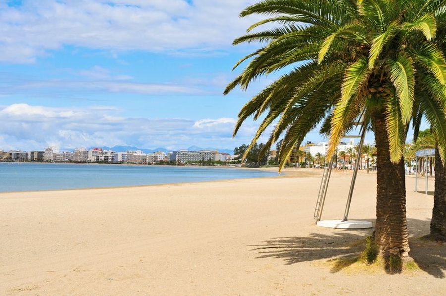 Plage de La Nova à Roses avec des palmiers et vue sur la mer sous un ciel ensoleillé.